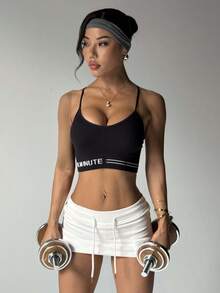 运动上衣，女式吊带背心加垫运动文胸，高端女性健身、弹力瑜伽和跑步背心 - 黑色 - 查看 3