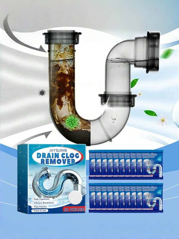 Pastilles de nettoyage de tuyaux : Nettoie la graisse et les cheveux bouchés dans les éviers de cuisine et de salle de bain. Réagit rapidement avec l'eau pour produire une mousse riche. Pénètre profondément dans les tuyaux pour briser les obstructions tenaces. Des agents désodorisants spéciaux éliminent efficacement les odeurs d'égout, gardant l'air de la cuisine et de la salle de bain frais et agréable.