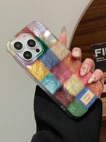 1pc Retro Colorful Plaid Glossy Tin Foil Phone Case Compatible With IPhone 17/16 Pro Max, 15, 14 Pro, 13, 12, 11, Autumn/Winter