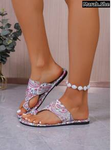 Women's Bohemian Style Sandals, Vintage Pattern Thong Flat Sandals, Retro Minimalist Flat Sandals, Casual Vacation Lightweight Flip Flops