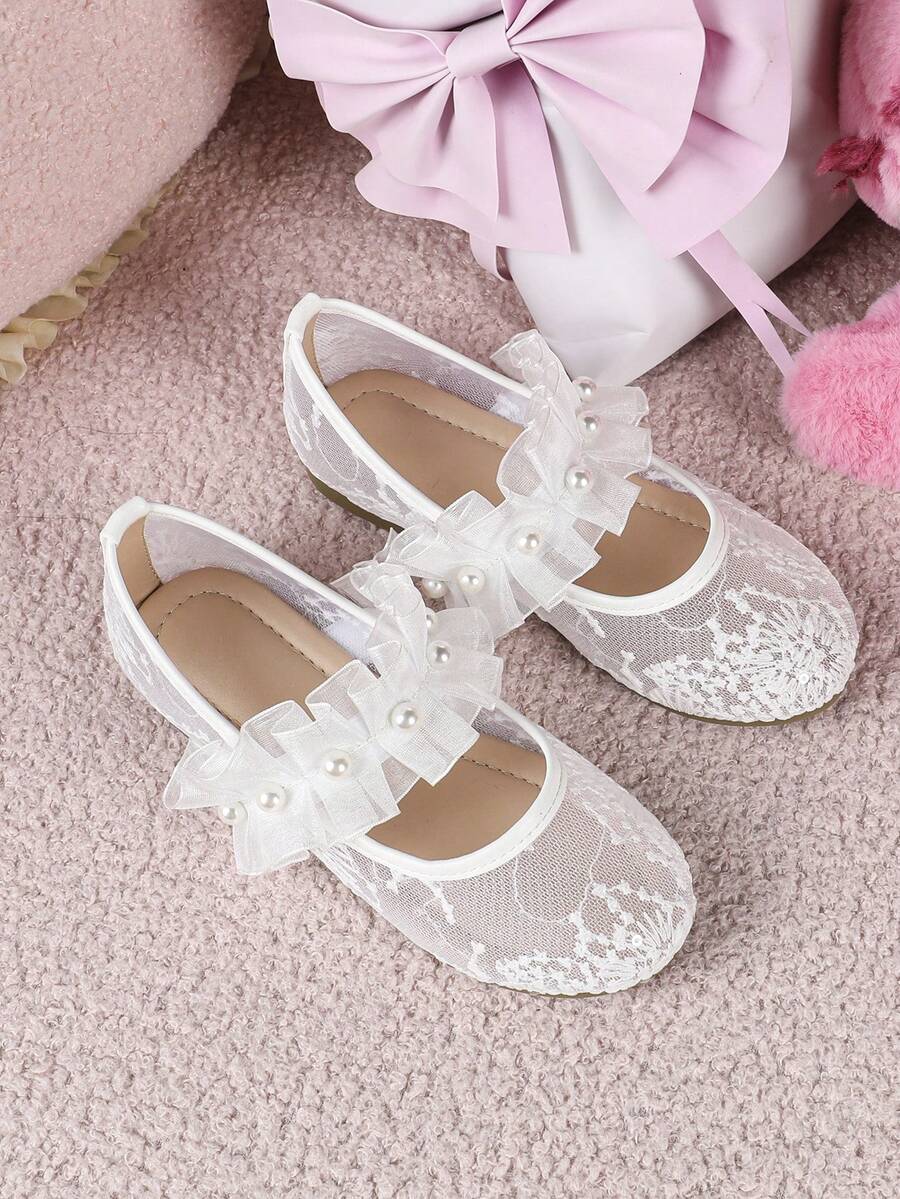 1 Pair Flower Decorated Princess Flat Canvas Shoes For Girls, Comfortable Student Outdoor/Dance Shoes, Lace White Wedding Shoes - White - View 1