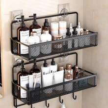 Stainless Steel Wall-Mounted Organizer Basket For Bathroom, Kitchen, And Shower - Self-Adhesive, Space-Saving Design With Multiple Shelves For Toothbrushes, Cosmetics, And More, Bathroom Storage Modern Bathroom Accessory Durable Construction, Bathroom Organizer Rack Bathroom Accessories Back To School