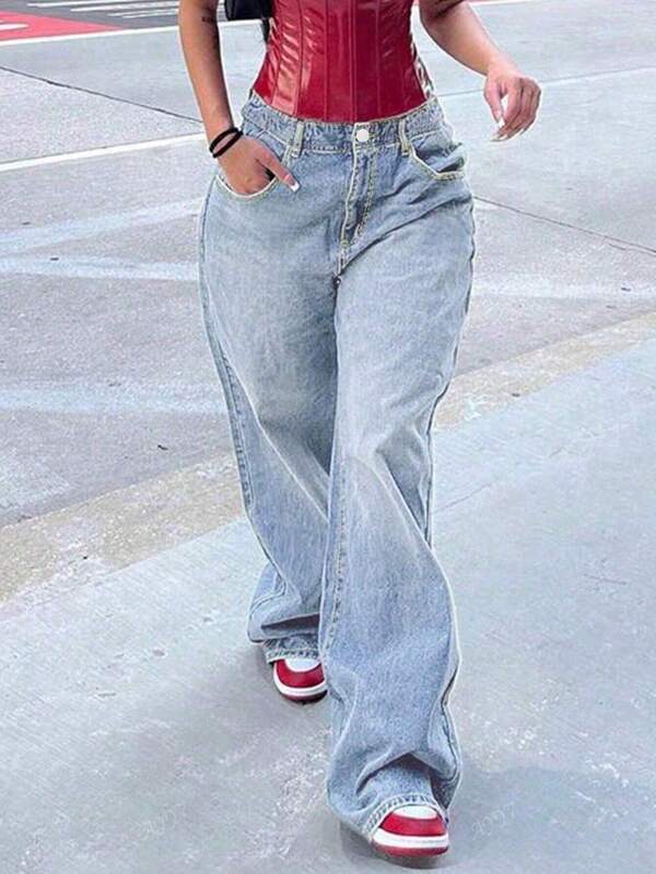 Jeans ampi e morbidi in stile Y2K casual estivo da donna con tasche laterali