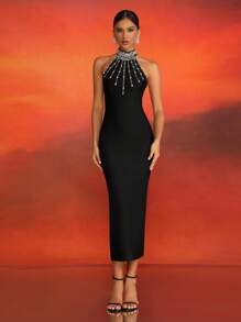 Luxury Handmade Rhinestone Embellished Sleeveless Black Bandage Slit Evening Dress For Women, Elegant Formal Prom Dress, For Wedding Guest, Graduation, Dinner
