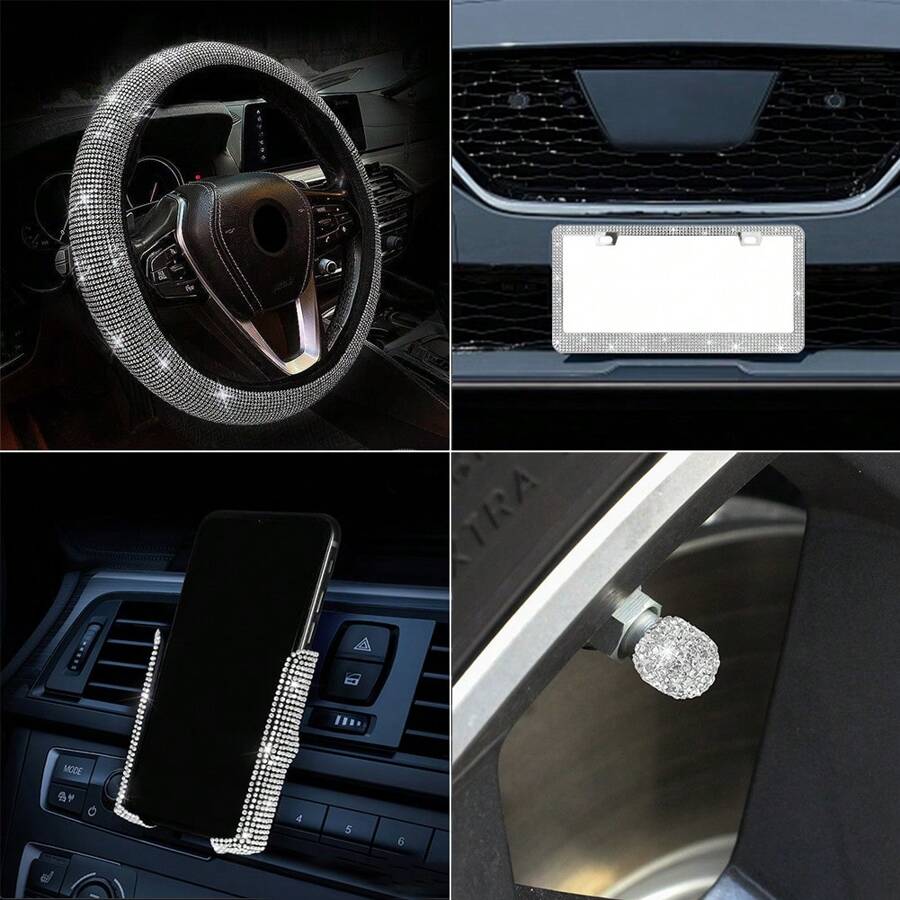 Conjunto de 4 Peças de Acessórios de Carro com Diamantes, Volante de Carro com Diamantes, Suporte de Telefone com Diamantes, Conjunto de Acessórios Internos de Válvula de Corrida com Diamantes, Conjunto de Acessórios de Carro Cintilantes com Diamantes