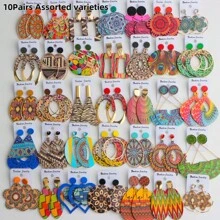 10 Pairs Boho Style Wooden Stud Earrings With Colorful Geometric Hollow Print, Suitable For Daily, Party And Gathering Wear, Random Design