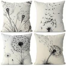 [] Set Of 4, Dandelion Print Pillowcase, Simple Theme, Black And White Furniture Decoration, Zipper Design, Polyester Material Easier To Clean, Surface Fleece For More Comfortable Touch, Suitable For Living Room And Bedroom