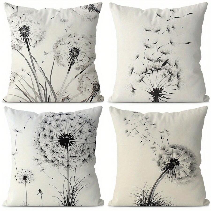 [] Set Of 4, Dandelion Print Pillowcase, Simple Theme, Black And White Furniture Decoration, Zipper Design, Polyester Material Easier To Clean, Surface Fleece For More Comfortable Touch, Suitable For Living Room And Bedroom