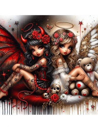 1PC Diamond Art Painting Kits Crafts Stickers Cartoon Whimsical Fantasy Devil Girls Yin-Yang Duality Mosaic Set Embroidery 5D DIY Cross Stitch Luxury Room Home Party Wall Decor Family Friends Teachers Holidays Gift