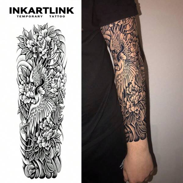 INKARTLINK INKARTLINK 民族风格收藏纹身贴纸，水墨画鹤与花卉臂袖防水临时纹身，全覆盖牡丹藤蔓，适合优雅女士