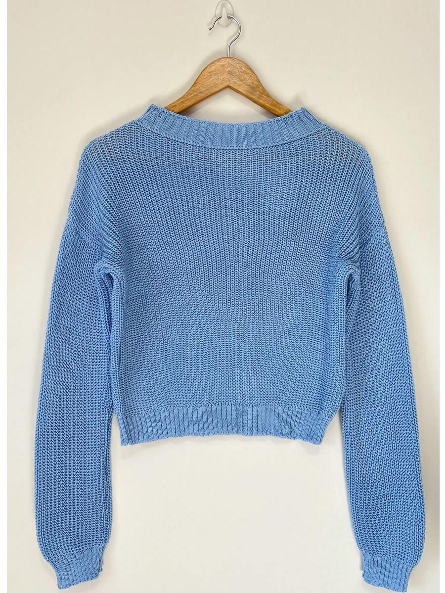 Women's Knitted Cropped Blouse, Fang Sweater. - Màu xanh nhạt - Xem 1