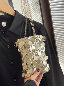 1 件绗缝按扣 PVC 亮片小方包，时尚亮片零钱包/手机包，女士派对/婚礼斜挎包，闪亮别致单肩包，适合正式活动 - 金色 - 查看 9