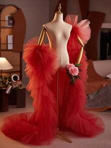 European American Bride Veil Lace Cape Shawl Wedding Robe Back Train Accessory Fall Clothes For Women - Red - View 4