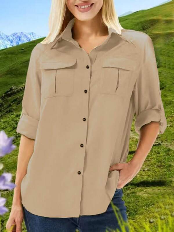 Plus Size Women Casual Office Utility Pocket Turndown Collar Long Sleeve Shirt, Suitable For Daily Wear, Solid Color Blouse For Spring And Autumn