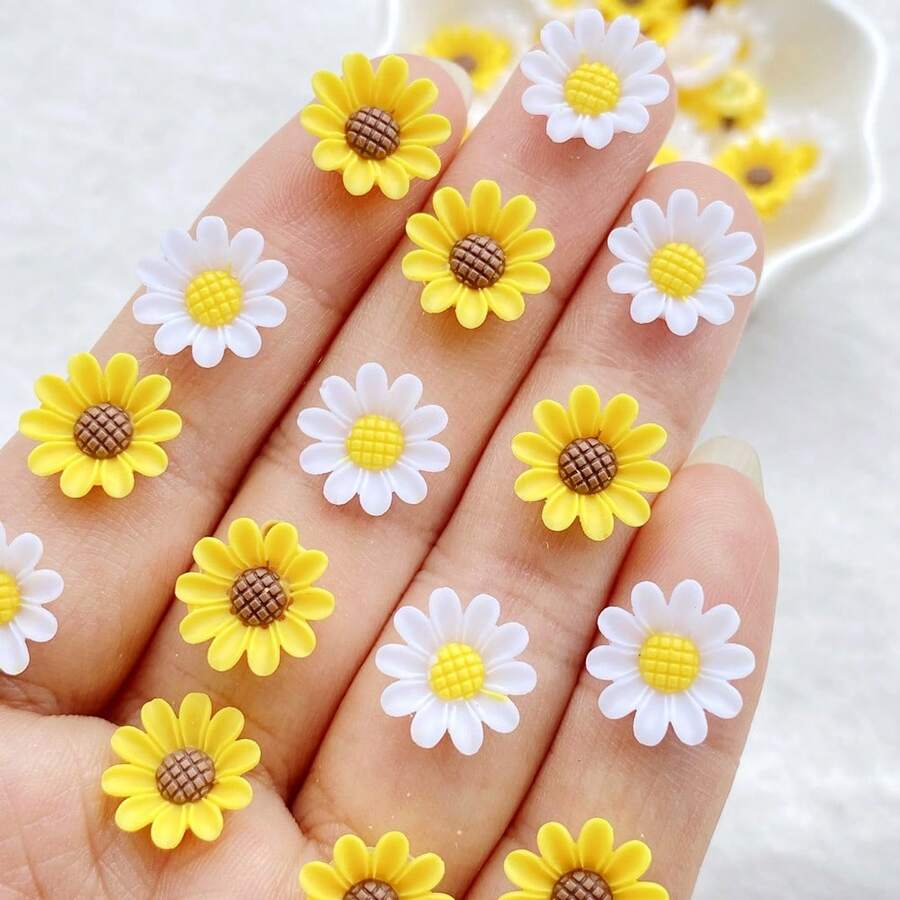 60 件橙色和白色树脂平底向日葵美甲装饰，适用于美甲、婚礼、剪贴簿、珠宝工艺品和配饰