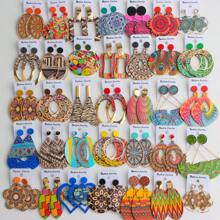 10 Pairs Boho Style Wooden Stud Earrings With Colorful Geometric Hollow Print, Suitable For Daily, Party And Gathering Wear, Random Design