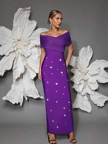 Off Shoulder Handmade Beaded Bodycon Bandage Dress, Sexy & Fitted, Suitable For Family Gatherings, Parties, Formal Events - Purple - View 5