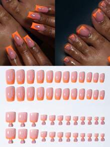 48 piezas/2 sets Uñas y Uñas de los pies falsas 2 en 1 de estilo francés cuadradas acrílicas para presionar, contienen 2 piezas de pegamento de gelatina y 2 limas de uñas, uñas falsas elegantes y minimalistas para uso diario de mujeres y niñas