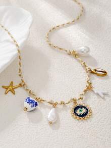 1 pezzo Collana con pendente in acciaio inossidabile colorata e carina a tema marino con stella marina, tartaruga e sole, adatta per amici, ragazze o regali, collana dell amicizia a tema oceanico - Multicolore - Visualizzare 9