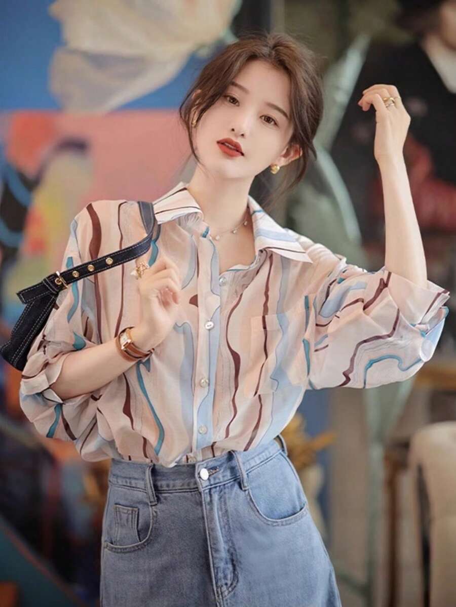 YUXIN 宽松抽象印花长袖翻领衬衫，独特设计，四季皆宜