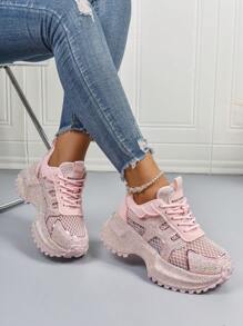Women's Casual Sneakers With Colorblock, Breathable, Anti-Slip Sole, Rhinestone Decor, Chunky Platform, Unique Design, Versatile, Comfortable, Suitable For All Seasons, Retro College Style