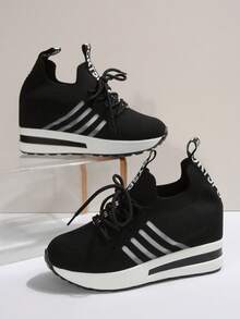 Fall/Winter Women's Wedge Sneakers 2025 Summer New Black Chunky Sneakers Women's Mesh Breathable Slip-On Sports Shoes For Moms - Black - View 4