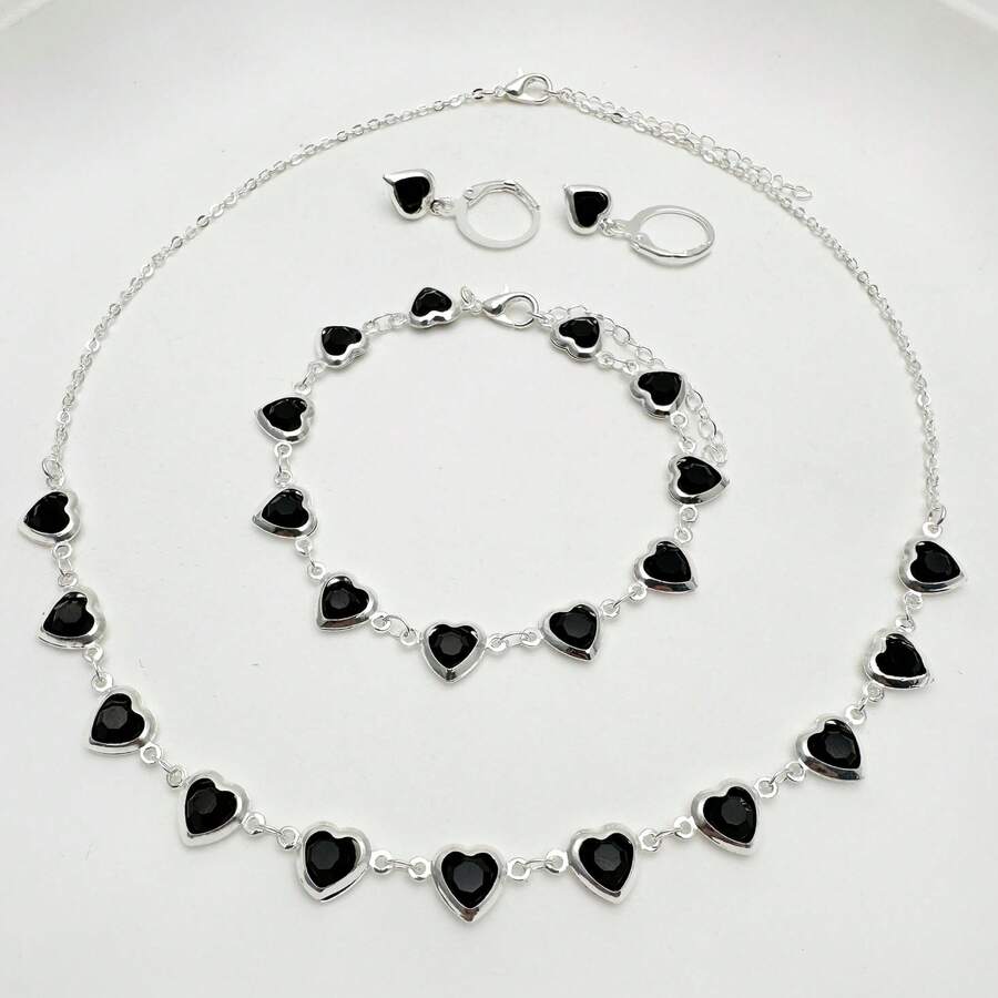Women's Colorful Heart Necklace + Bracelet And Earrings Set In 925 Silver Plated - Black - View 1