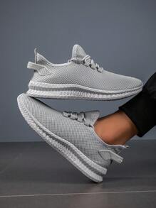 Men's Lightweight Breathable Mesh Sport Shoes, Gray Color, Thin Sole Slip-On Casual Outdoor Vacation Style Sneakers