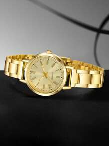 2PCS Alloy Strap Women's Watch Set Fashion Classic Roman Numeral Scale Circular Dial Quartz Watch Set Suitable For Daily Clothing Matching Or Holiday Gifts