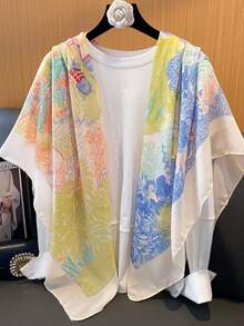 1 pieza Pañuelo cuadrado de lino de 135cm x 135cm con estampado floral para mujer, elegante chal de estilo vintage para protección solar, manta para aire acondicionado para viajes al aire libre, primavera/verano/otoño - Multicolor - Ver 3