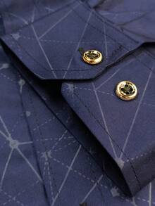 Men's Casual & Formal Multi-Occasion Shirt , Essential Gift For Men, Featuring Subtle Geometric Patterns, Mysterious Symbols, Polyester Fabric, Golden Buttons, Long Sleeve Top - Navy Blue - View 8