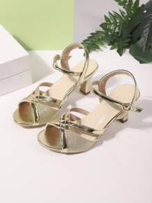 New Fashion Summer Open Toe Silver Mid-Heel Sandals With Buckle Strap, Shiny Design, Versatile For Casual Wear, Dining Out, Photo Shooting, Indoor And Outdoor