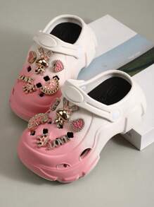 1 par de sandalias gruesas con base de EVA impermeable y antideslizante, con decoración de conejo bañada en oro, puntera redonda y degradado de color rosa y blanco, apropiadas para el verano, para niñas