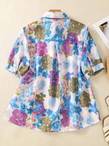 Women's Floral Print Loose Fit Lapel Button Down Shirt Elegant Casual Short Sleeve Blouse For Spring Summer Office & Daily Wear