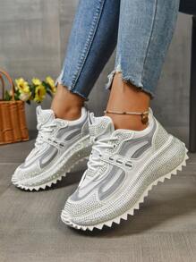 Women's Colorblock Mesh Breathable Anti-Slip Rhinestone Platform Cleated Sole Sneakers, Unique Design Element, Casual Sports Shoes, Fashion & Comfortable, Versatile, Suitable For All Seasons, Retro Sporty Style