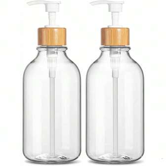 Bathroom Liquid Soap Dispenser And Lotion Dispenser, Transparent Soap Dispenser, Kitchen Plastic Dishwashing Liquid Dispenser With Bamboo Pump, Refillable Liquid Soap Bottle (Stickers Need To Be Purchased Separately, Bottle Only Without Stickers) Back To School