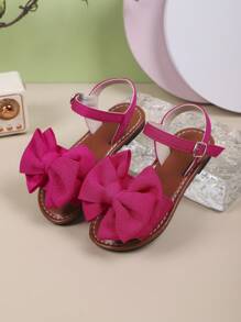 1 Pair Girls Solid Color Flat Sandals With Buckle And Bow Design, Fashionable For Summer Outdoor Wear