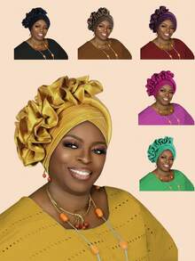 1 Stück nigerianischer Damenhut mit doppellagigem Kreuzrand und seitlicher Blumendekoration, geeignet für Hochzeiten, Partys und andere Feste, verstellbares Gummiband Haarnetz für den täglichen Gebrauch, Halloween, Weihnachten, Herbst und Winter - Verschiedenfarbig - Übersicht 12