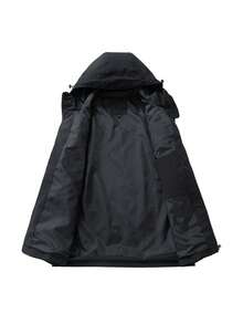 男士长袖休闲连帽夹克，宽松百搭风衣，春秋季拉链设计实用夹克，适合日常穿着、聚会、徒步旅行、远足及各种场合。 - 黑色 - 查看 4