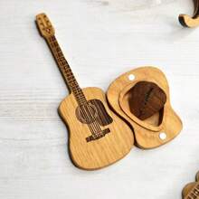 1 peça de palhetas de guitarra, caixa de palhetas em formato de guitarra, estojo de madeira personalizado, inclui 3 palhetas, adequado para guitarra, baixo, ukulele, cor de madeira natural