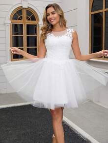 Lace Prom Dress Short Wedding Dress Mesh White Dress Graduation Dress Wedding Guest Dress Women White Dresses For Women Wedding Dresses For Bride - 白色 - 查看 1