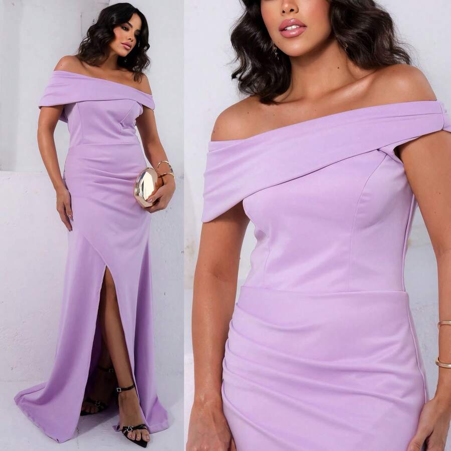 Long Sleeve Mule Dress With Front Slit - Party / Bridesmaid / Wedding / Graduation / Civil Bride - Lilac - View 1