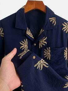 Summer Men's Printed Cuban Collar Short Sleeve Shirt, Vacation Style Revere Collar Button Casual Shirt Mature Printed Cuban Collar Short Sleeve Shirt, Minimalist Elegant Office Commute Shirt Summer Beach Casual Cuban Collar Short Sleeve Top - Blue - View 4