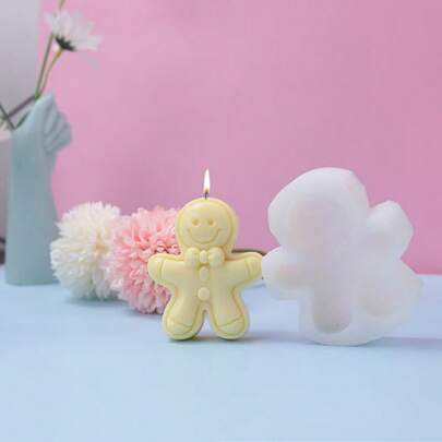 1pc New Style Bowtie Smiling Gingerbread Man Silicone Candle Mold, Plaster Decoration Mold