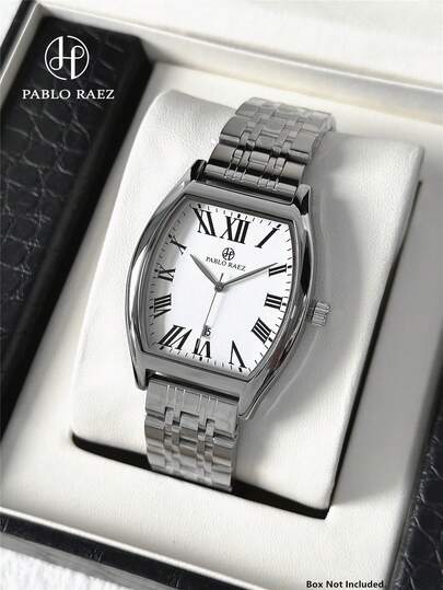 Pablo Raez 1 pieza Reloj de inoxidable plateado, nuevo, de marca, de lujo, con forma de barril, accesorio de verano, resistente al agua 50m, elegante calendario, reloj de cuarzo sencillo para caballero, pulsera de metal sólido y pesado, cadena vintage, esfera grande con números romanos