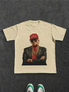 Stylish Heavy Cotton Men's TShirt, 220gsm Pure Cotton, Unique Donald Trump Rapper Design, Perfect For Casual Wear, Ideal For Men Who Appreciate Bold Fashion Statements, A Great Gift Choice. - 杏色 - 查看 1