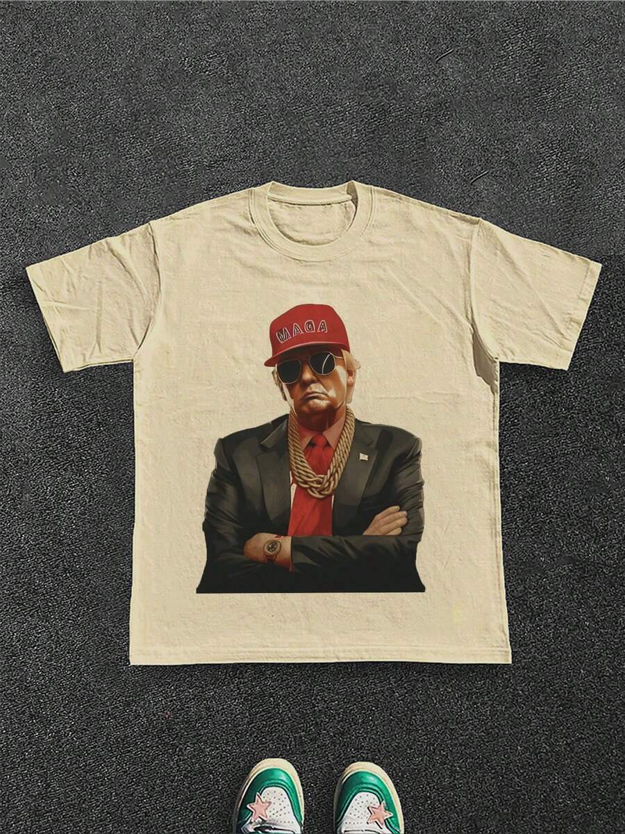 Stylish Heavy Cotton Men's TShirt, 220gsm Pure Cotton, Unique Donald Trump Rapper Design, Perfect For Casual Wear, Ideal For Men Who Appreciate Bold Fashion Statements, A Great Gift Choice. - 杏色 - 查看 1