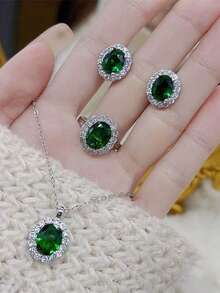4pcs/Set Rectangle Rhinestone Stud Earrings, Necklace And Ring Set, Elegant Luxury Style Delicate Gift For Women - Green - View 8