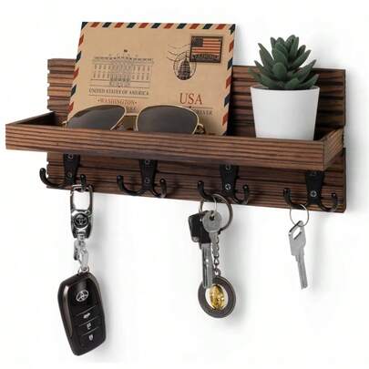 Wooden Key Holder For Entryway Decor Wall Mounted Mail Organizer And Key Hanger With 4 Hooks Rustic Rack For Keys Sunglasses