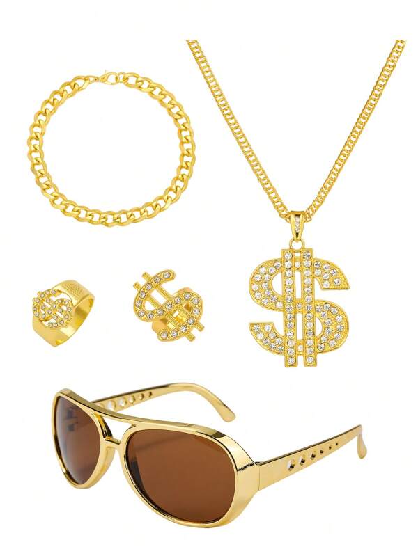 5-teiliges Hip-Hop-Accessoire-Set: Dollarzeichen-Disco-Halskette (mit geringfügigem Schweißfehler), Sonnenbrille, Armband, 2 Ringe, exzentrische Kostümzubehörteile geeignet für Halloween, Cosplay, Schulanfang